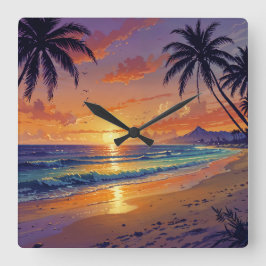 Tropisk solnedgång på stranden - Illustration Stil Fyrkantig Klocka