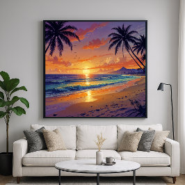 Tropisk solnedgång på stranden - Illustrativ konst Poster