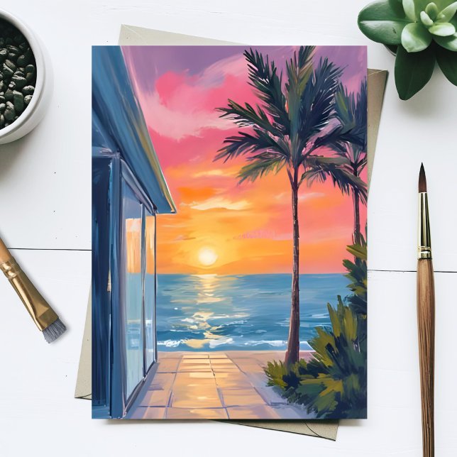Tropisk solnedgång Palm Beach Ocean Akvarell Vykort (Skapare uppladdad)