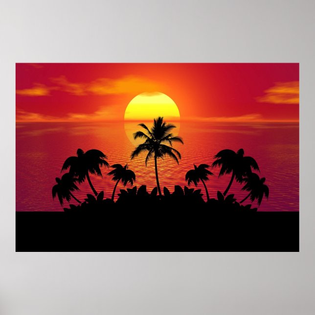 Tropisk solnedgång Palmer Silhuett Strand Poster (Framsidan)