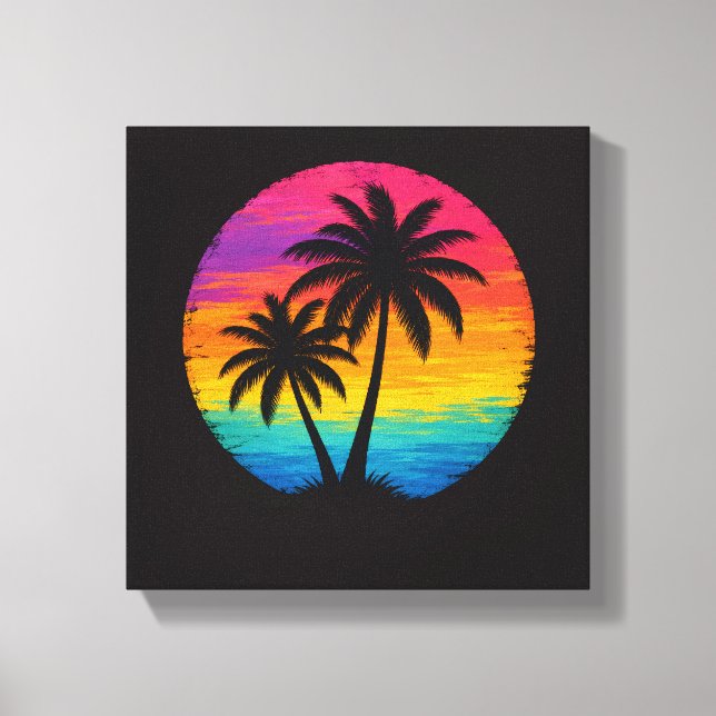 Tropisk solnedgång Palmträd Retrodesign Canvastryck (Framsida)