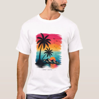 Tropisk Solnedgång Strand Palmer Grafisk T-Shirt
