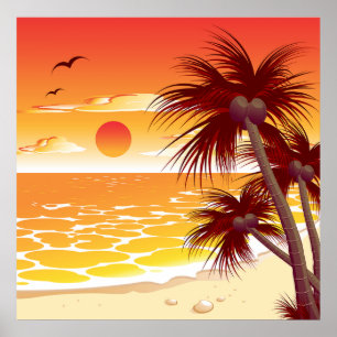 Tropisk solnedgång strand palmer ö poster