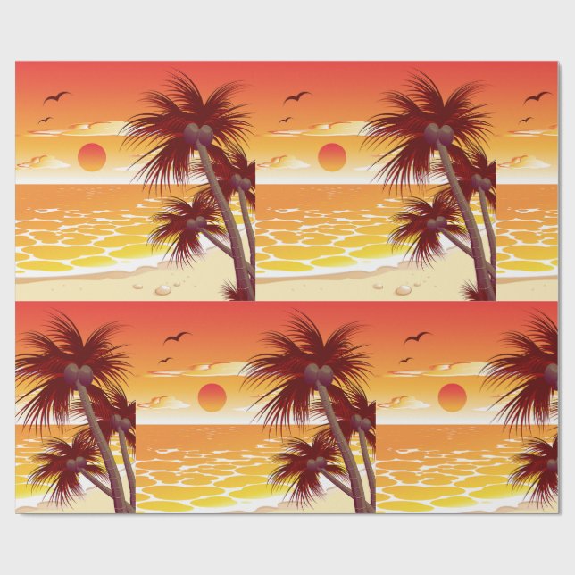 Tropisk solnedgång Strand Palmträd Ö Presentpapper (Platt)