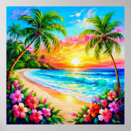 Tropisk solnedgång vid stranden, exotisk kust 🌴🌅 poster