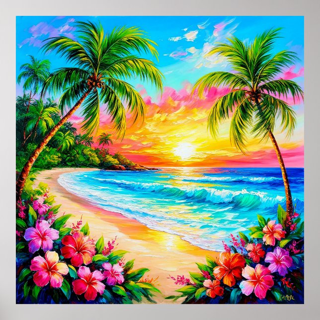 Tropisk solnedgång vid stranden, exotisk kust 🌴🌅 poster (Framsidan)