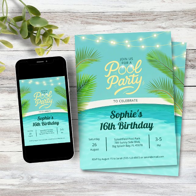 Tropisk solnedgångs födelsedags poolparty inbjudningar (Classy elegant birthday pool party invitation
)