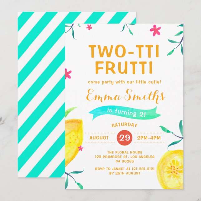 Tropisk sommar-2-tti-frutti-Aloha 2:a födelsedagen Inbjudningar (Fram/baksida)