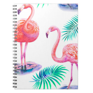 Tropisk sommar med flamingos handflatan löv och e anteckningsbok
