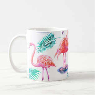 Tropisk sommar med flamingos handflatan löv och ex kaffemugg