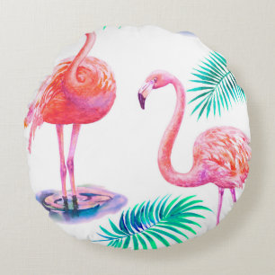 Tropisk sommar med flamingos handflatan löv och ex rund kudde
