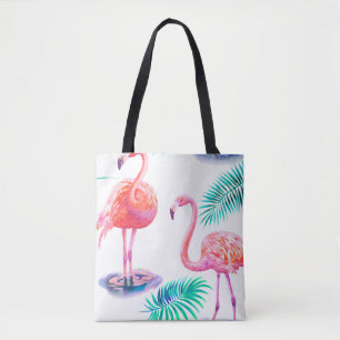 Tropisk sommar med flamingos handflatan löv och ex tygkasse