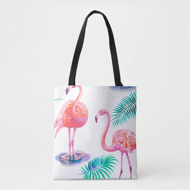 Tropisk sommar med flamingos handflatan löv och ex tygkasse (Framsida)