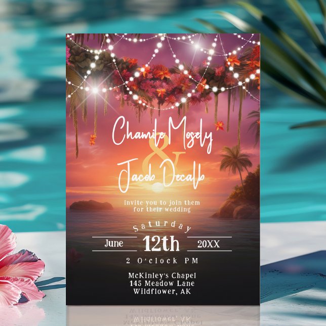 Tropisk sommar solnedgång strand strängljus bröllo inbjudningar (Tropical Summer Beach String Lights Wedding Invitation)