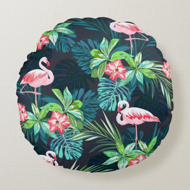 Tropisk sommar sömlös mönster med flamingo bir rund kudde (Framsidan)
