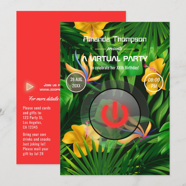 Tropisk sommar virtuell födelsedagsfest inbjudningar (Fram/baksida)