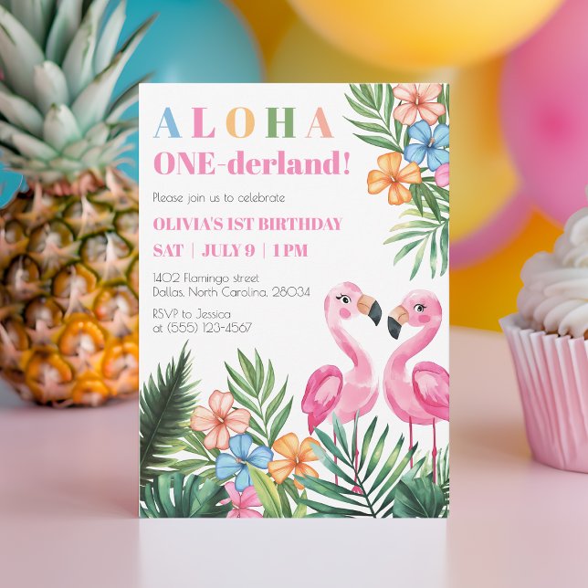 Tropisk sommardag 1:a Flamingo Onederland Inbjudningar (Tropical Summer 1st Flamingo Onederland Birthday Invitation)