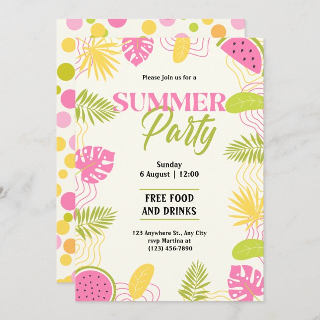 Tropisk Sommarfest Grön Och Rosa Inbjudningar (Fram/baksida)