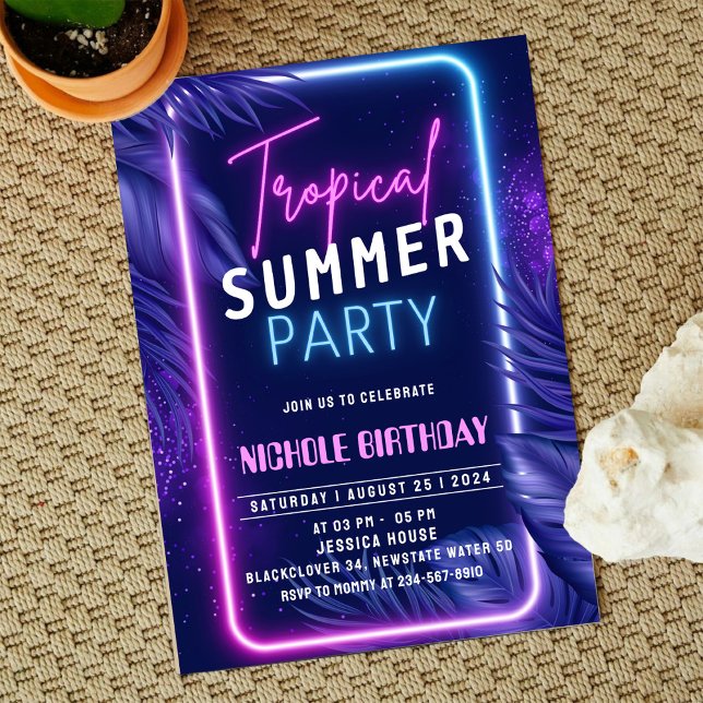 Tropisk sommarnatt Invitationsparty Inbjudningar (Zazzle Night Glow Birthday Invitation Party)
