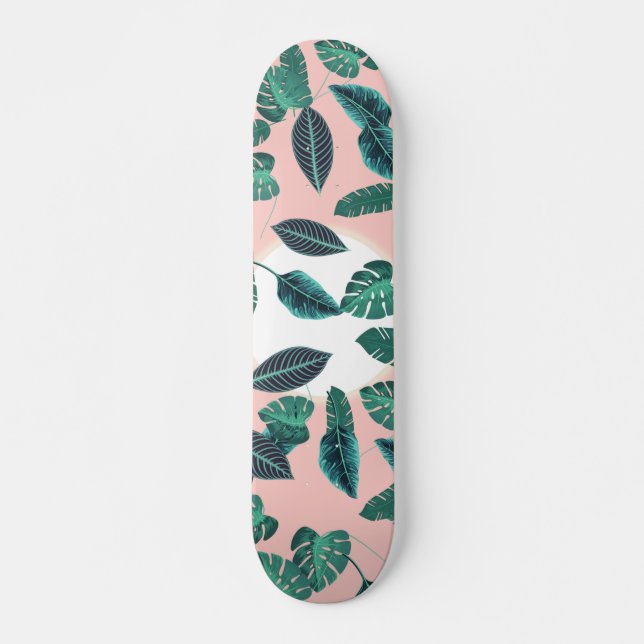 Tropisk sommarrosagrönt lämnar solnedgångmönster mini skateboard bräda 18,5 cm (Framsida)