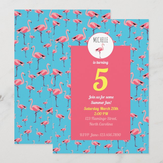 Tropisk sommartid Rosa Flamingo Pattern Birthday Inbjudningar (Fram/baksida)