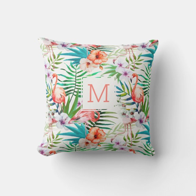 Tropisk Söt Blommigt Flamingo Bird Monogram Kudde (Framsida)