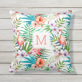Tropisk Söt Blommigt Flamingo Bird Monogram Kudde