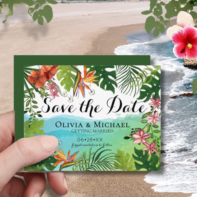 Tropisk Spara datum-kort Akvarell Hibiskus Datumet (Tropical Save the Date Card Watercolor Hibiscus )