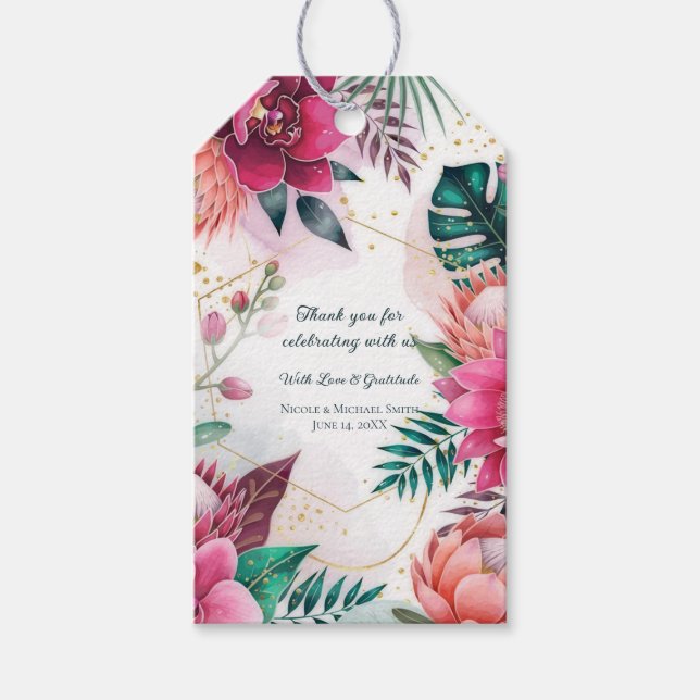 Tropisk stjärndamm trädgård blomsterparadis bröllo presentetikett (Framsidan)