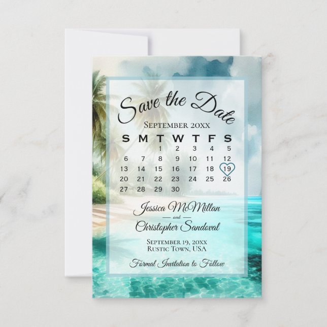 Tropisk strand akvarell chic kalender bröllop  spara datumet (Framsida)