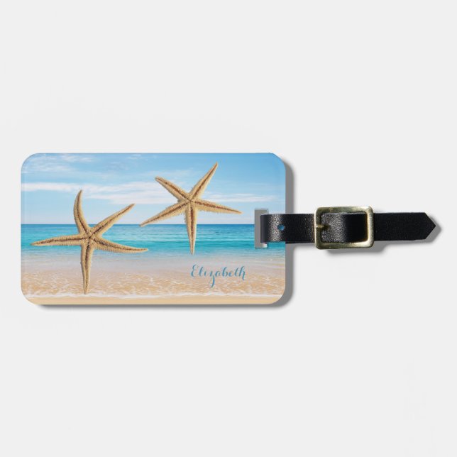 Tropisk strand,blå himmel,havs sand,sjöstjärna bagagebricka (Horisontell Framsida)