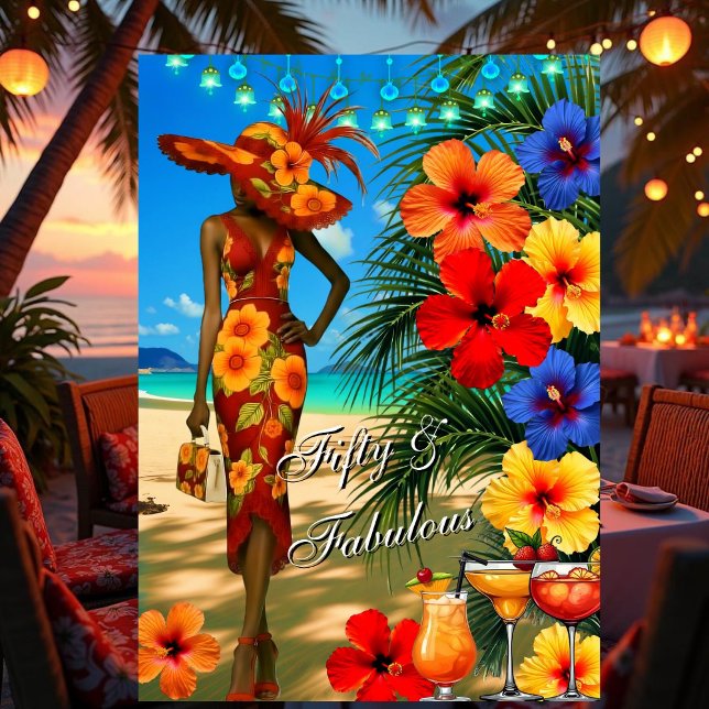 Tropisk strand Fantastisk 50-årsdag Hibiskus Inbjudningar (Skapare uppladdad)