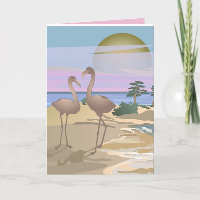 TROPISK STRAND FLAMINGOER KONST FÖDELSEDAGSKORT KORT (Framsida)