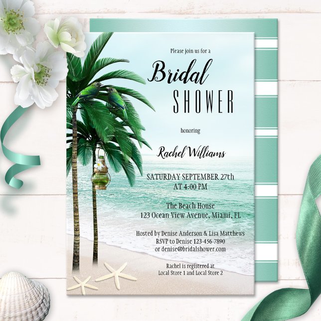 Tropisk strand Handflatan Träd Inbjudningskort för (Bridal shower invitation featuring a tropical beach with palm trees, parrots, a lantern and starfish)