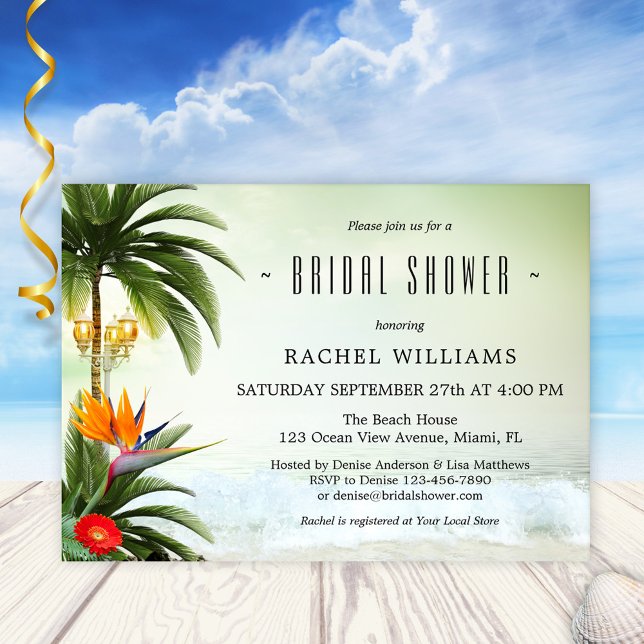 Tropisk strand Handflatan Träd Inbjudningskort för (Bridal shower invitation featuring a tropical beach scene with palm trees and lanterns at the ocean)