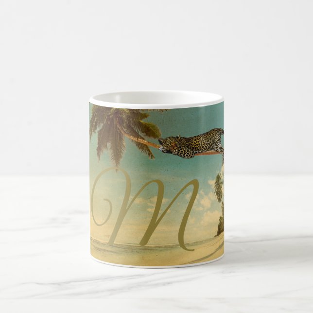 Tropisk strand Handflatan Träd Leopard Monogram Kaffemugg (Center)