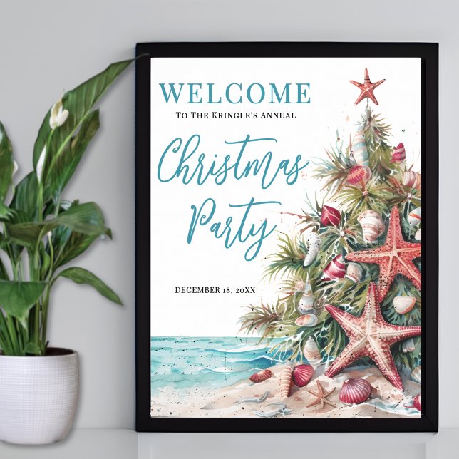 Tropisk strand julfest välkommen poster (Tropical Beach Christmas Party Welcome Poster)