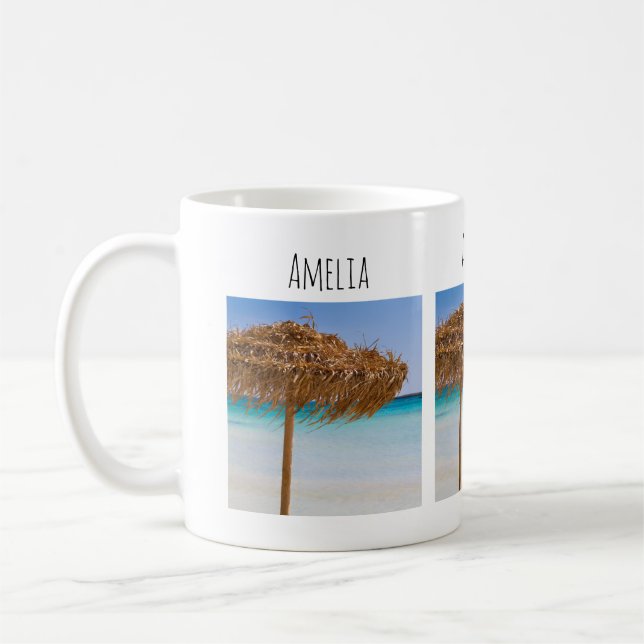 Tropisk strand med halmtaksschirm kaffemugg (Vänster)