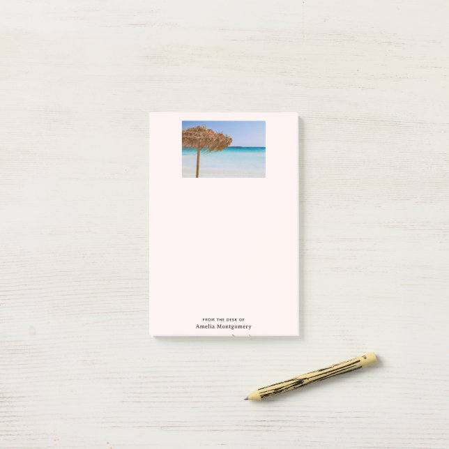 Tropisk strand med halmtaksschirm post-it block (På skrivbordet)