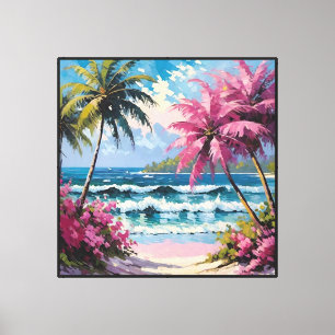 Tropisk strand med palmer och rosa blommor canvastryck