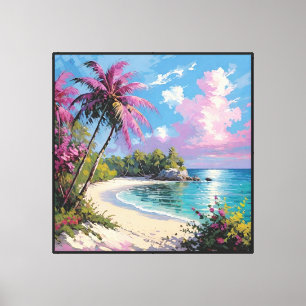 Tropisk strand med palmer och rosa blomster canvastryck