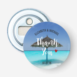 Tropisk strand med Thatched Parbrella Bröllop Flasköppnare