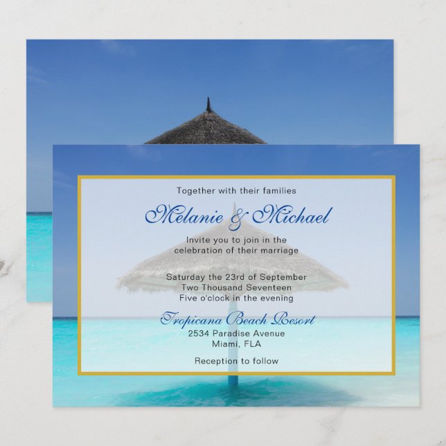 Tropisk strand med Thatched Parbrella Bröllop Inbjudningar (Fram/baksida)