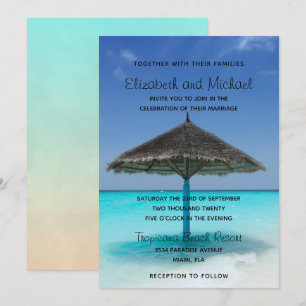 Tropisk strand med Thatched Parbrella Bröllop Inbjudningar