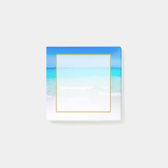 Tropisk strand med turkossjön med övertäckning post-it block (Framsida)