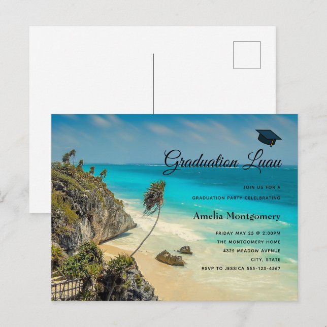 Tropisk strand med Vind Handflatan Studenten Inbjudan Vykort (Fram/baksida)