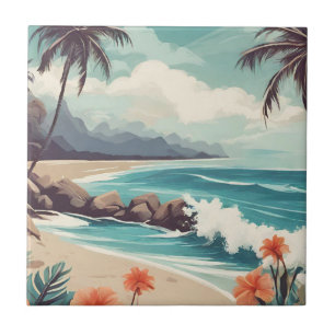 Tropisk strand, Ocean, Hibiscus Flowers Kakelplatta