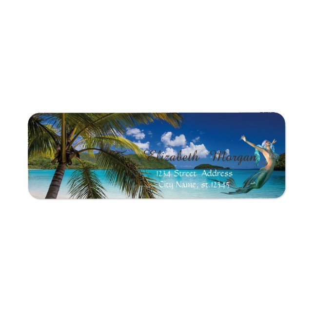 Tropisk strand, palm, havsfröken returadress etikett (Framsidan)