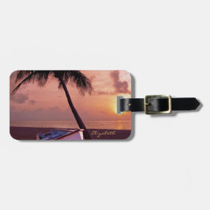 Tropisk strand, palm, solnedgång, båt - Personlig Bagagebricka