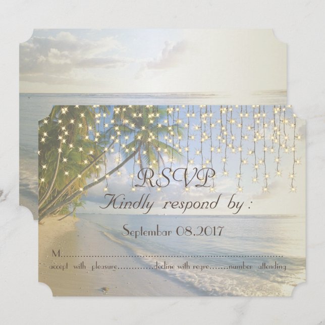 Tropisk strand,Palm,Strängljus  RSVP Inbjudningar (Fram/baksida)
